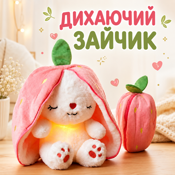 М'яка іграшка, Дихаючий Зайчик, 4 режими, 40 см полуничка, морквинка